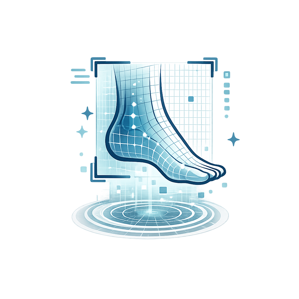Digital 3D foot scan illustration for podiatry biomechanics analysis, custom orthotics fitting, and foot health assessment.
