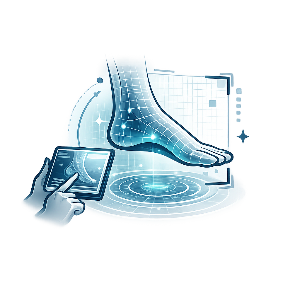 3D foot scanning illustration with smartphone technology for custom orthotics fitting, foot analysis, and personalized arch support.