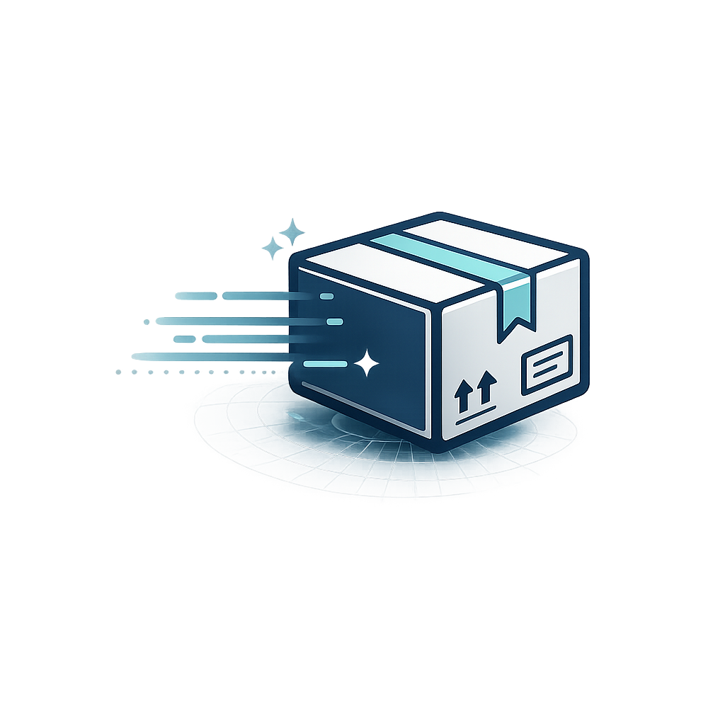 Fast shipping icon for custom orthotics delivery within 7 days featuring a moving package illustration.