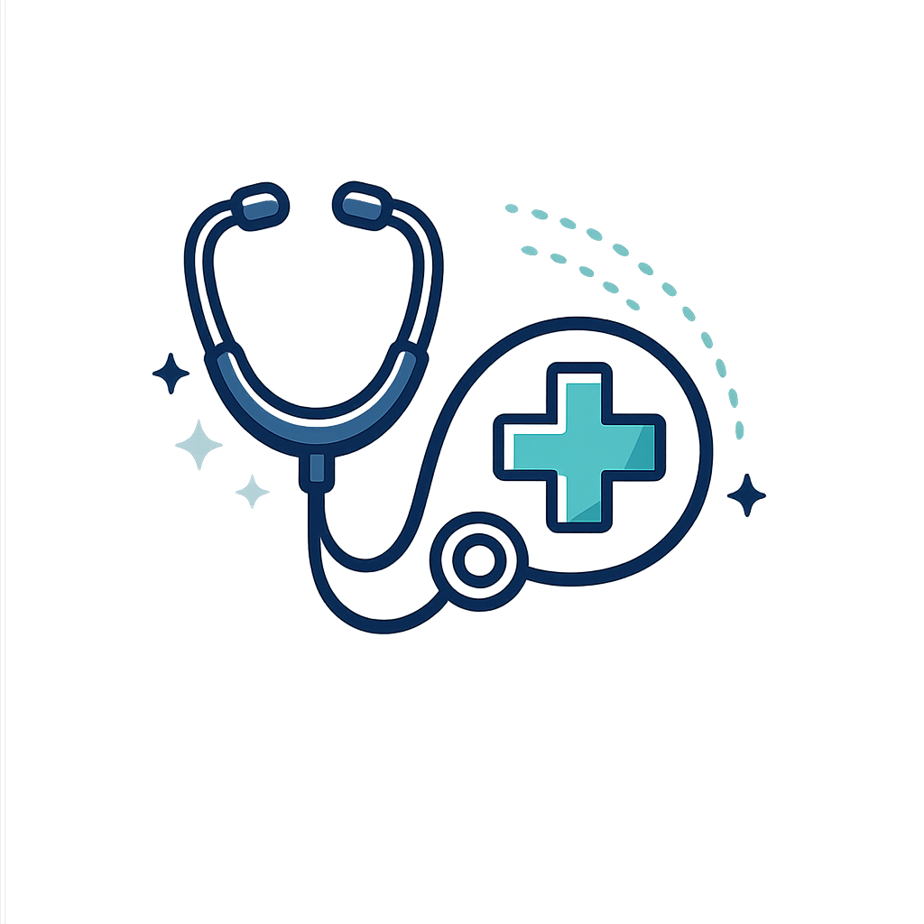 Medical healthcare icon featuring a stethoscope and health cross symbol representing healthcare services, medical support, and wellness care.