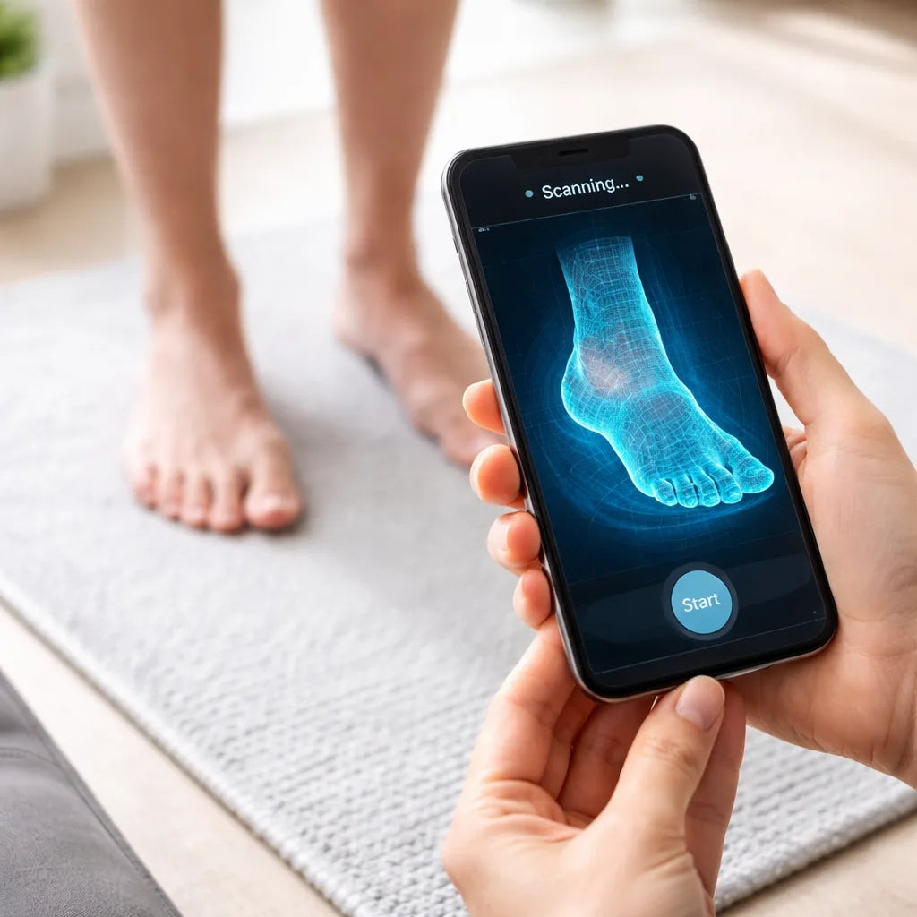 Smartphone 3D foot scanning technology used for custom orthotics fitting and personalized foot health assessment at home.