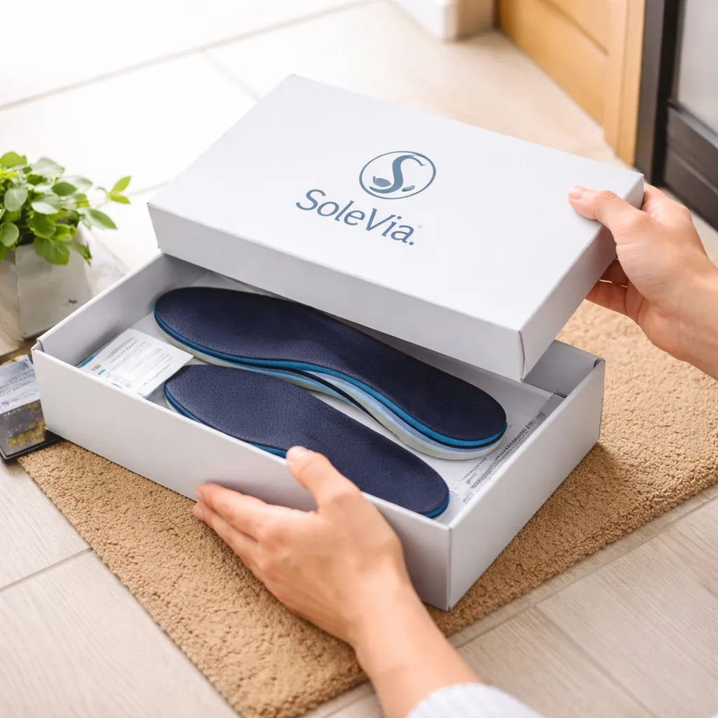 SoleVia custom orthotics delivered in a premium box for a simple and convenient at-home foot support experience.