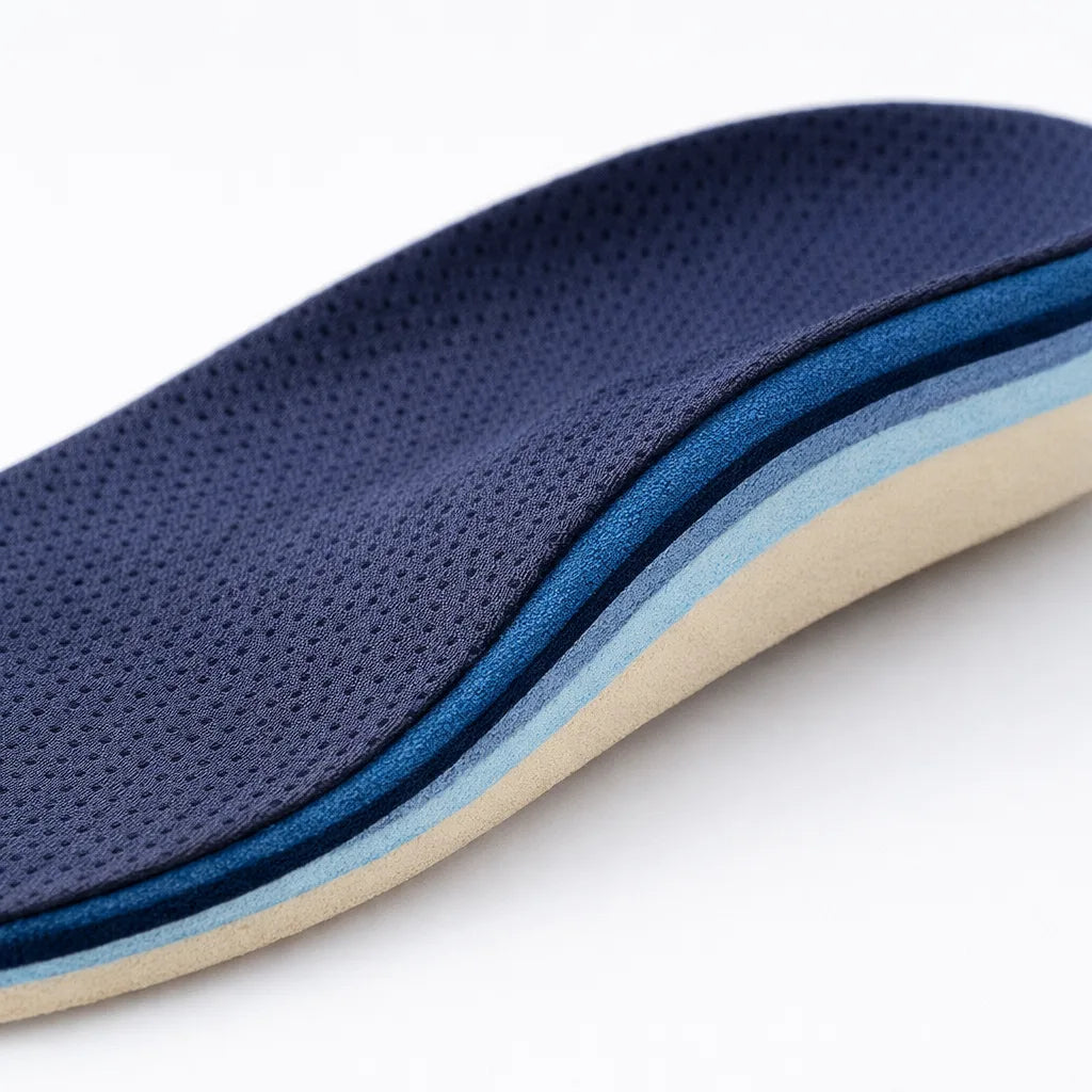 Premium orthotic insole made with durable high-quality materials for long-lasting comfort, cushioning, arch support, and foot stability.